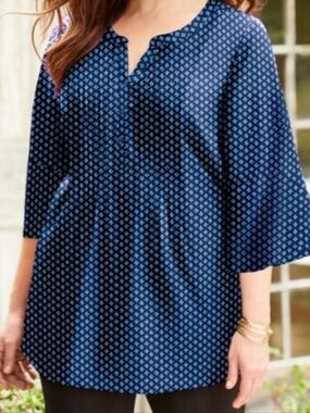 Catherines Georgette Pintuck Pleated Blouse Flounce Sleeves Tunic Blue Top 4X